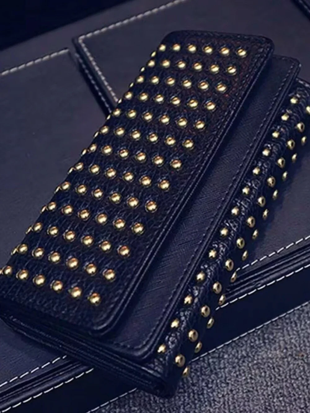 Fashionable Gold Tone Rivet Decorated Trifold Black Long Wallet Daily Use